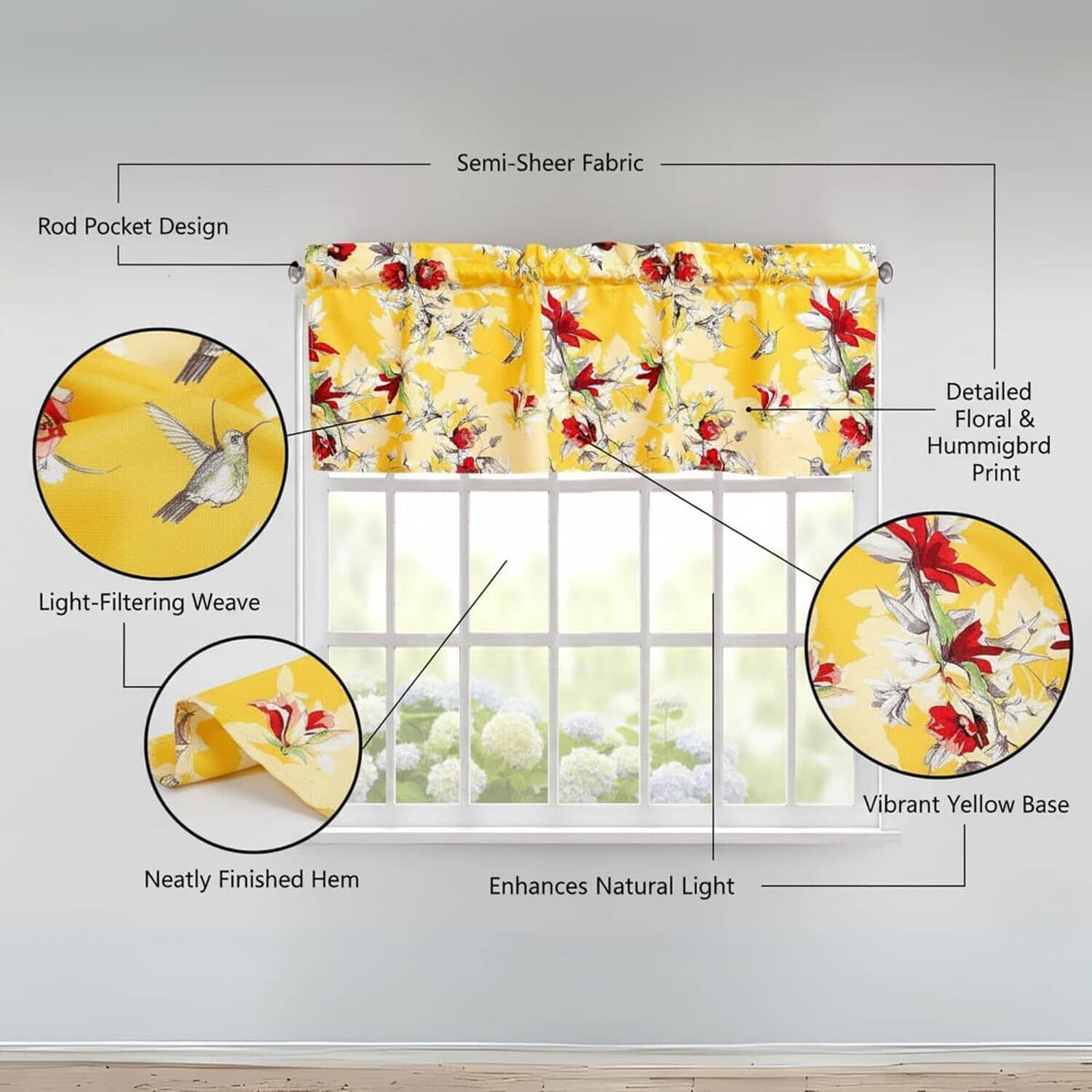 DaDa Bedding Floral Sunshine Yellow Hummingbirds Window Curtain Valance - 18" x 52"