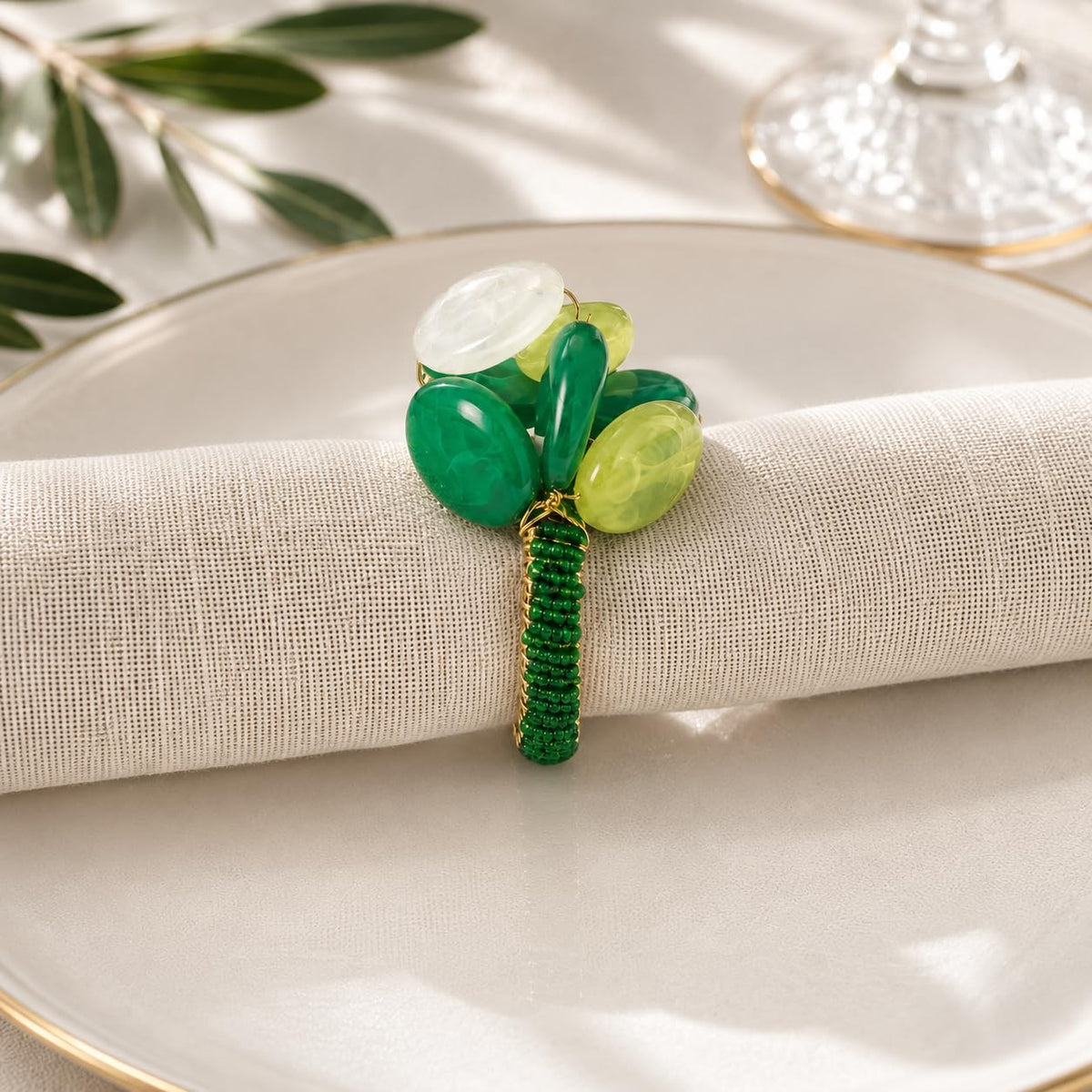 Fennco Styles Brown Gemstone Beaded Napkin Rings, Set of 4 - Handmade Decorative Napkin Holders