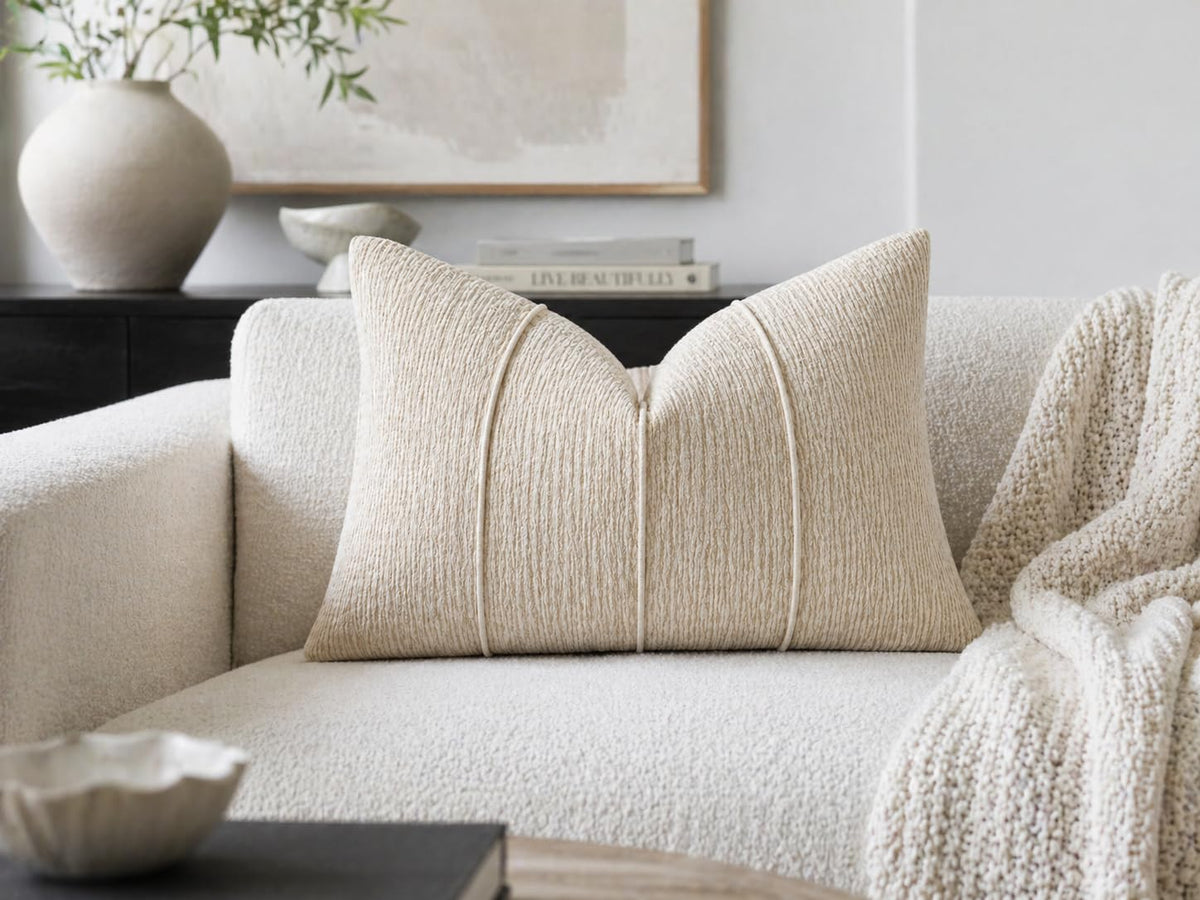 Fennco Styles Beige Chenille Lumbar Throw Pillow with Insert 12" X 20" 1-Pack