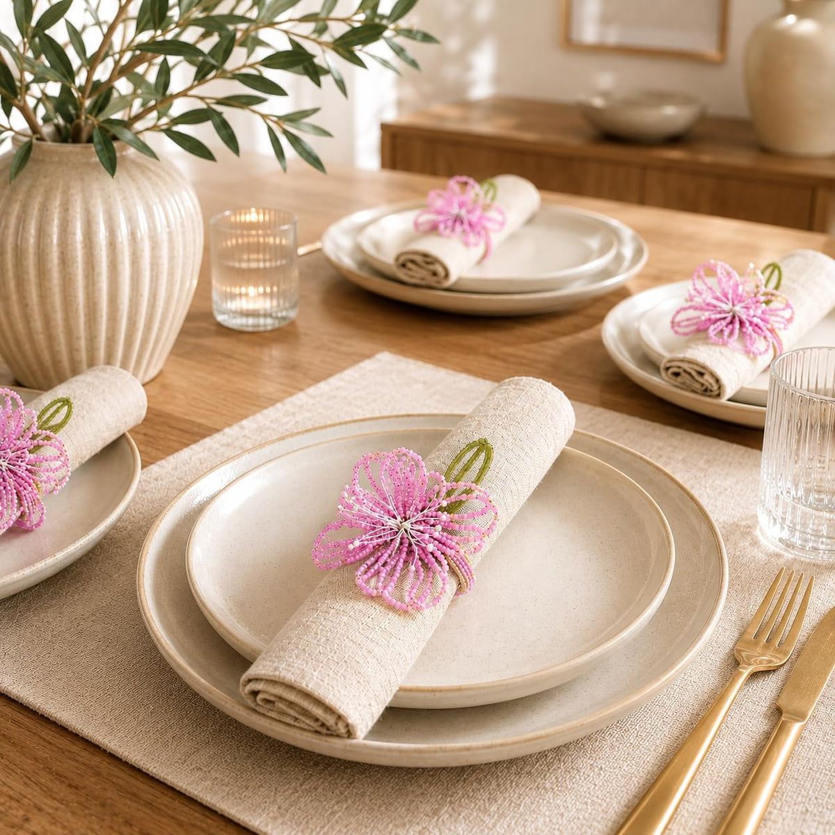 Fennco Styles Pink Beaded Flower Napkin Rings Set of 4, Handmade Floral Napkin Holders
