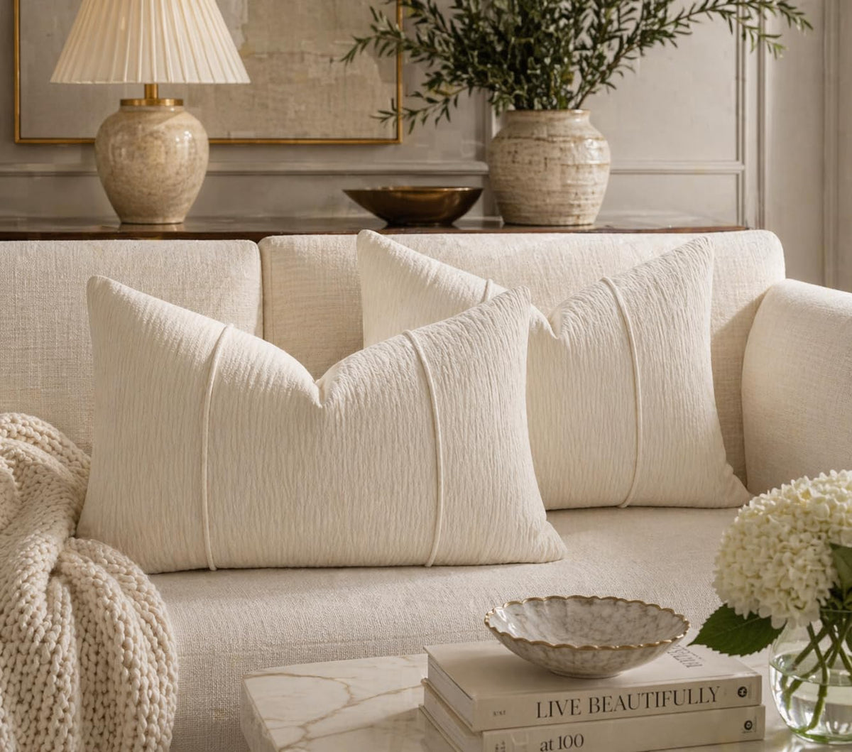 Fennco Styles Beige Chenille Lumbar Throw Pillow with Insert 12" X 20" 1-Pack