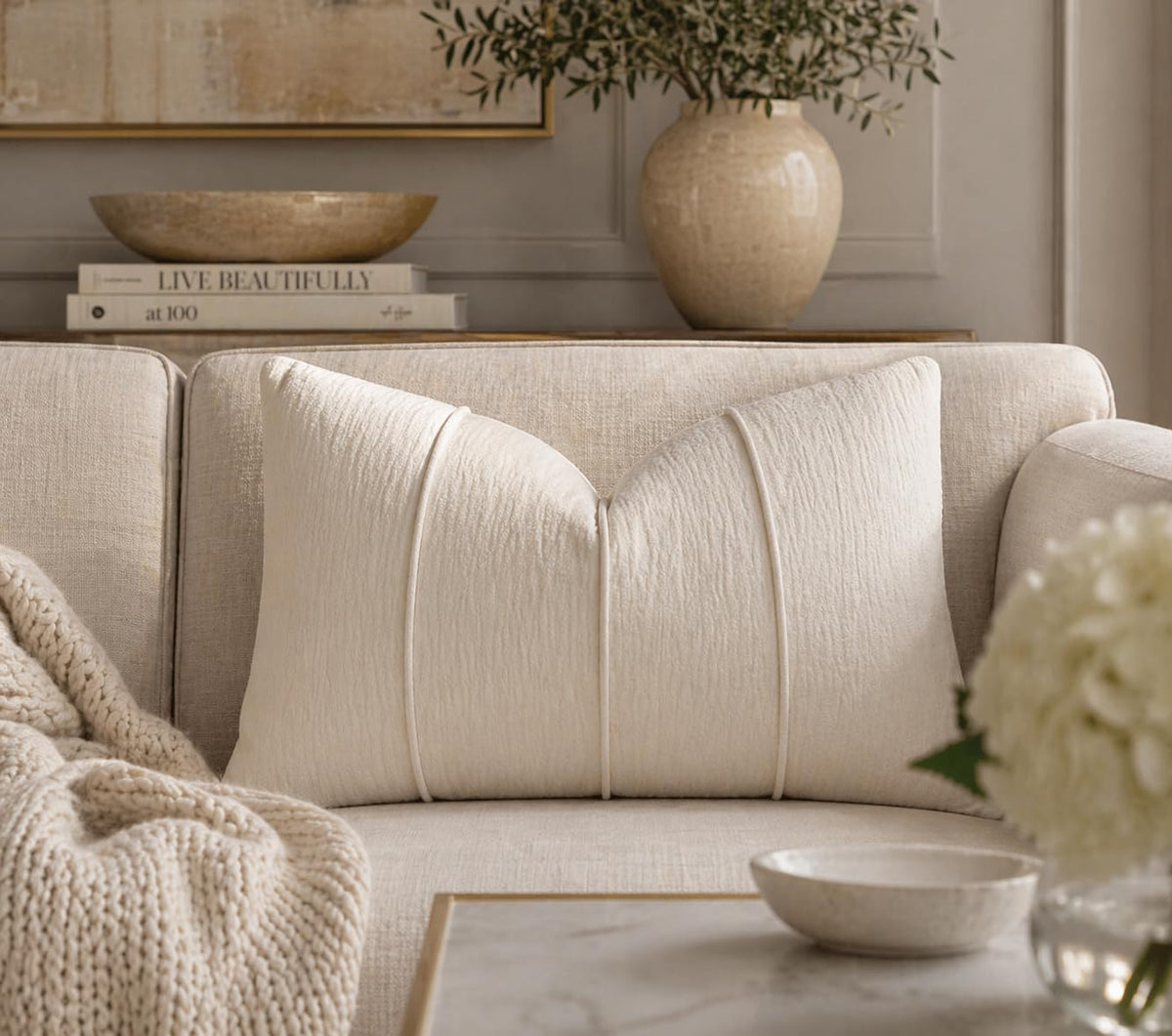 Fennco Styles Beige Chenille Lumbar Throw Pillow with Insert 12" X 20" 1-Pack