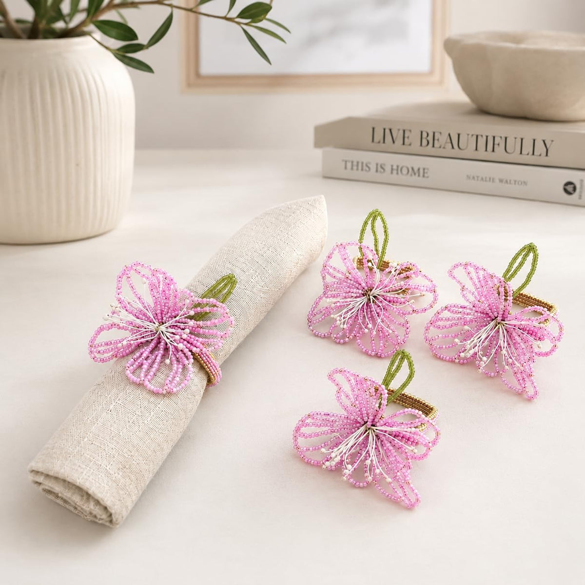 Fennco Styles Pink Beaded Flower Napkin Rings Set of 4, Handmade Floral Napkin Holders