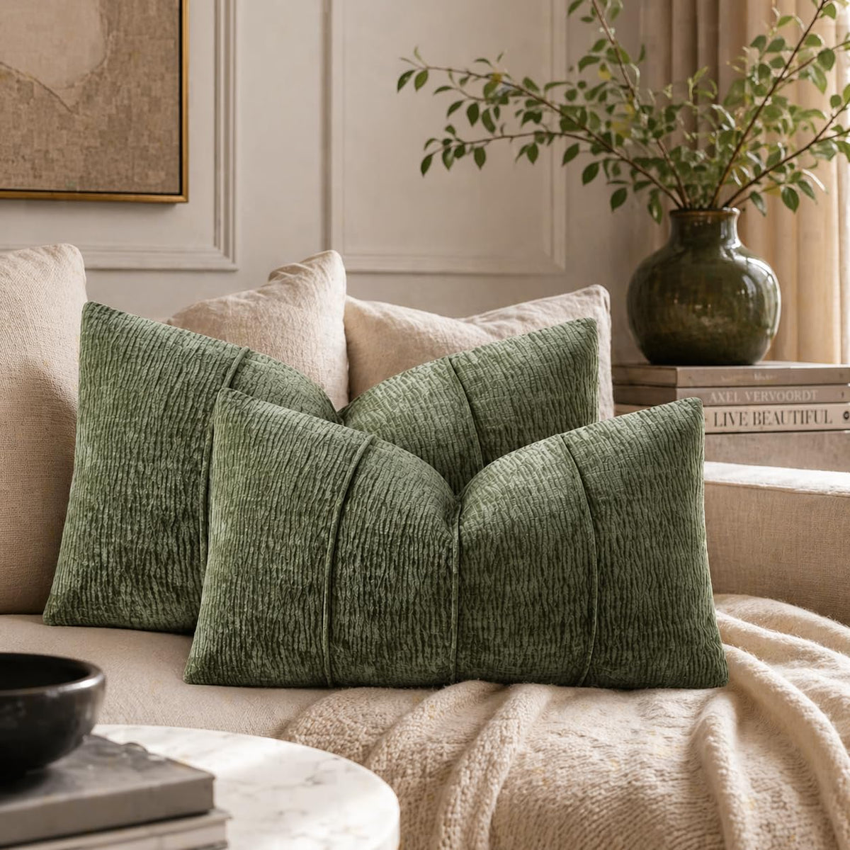 Fennco Styles Beige Chenille Lumbar Throw Pillow with Insert 12" X 20" 1-Pack