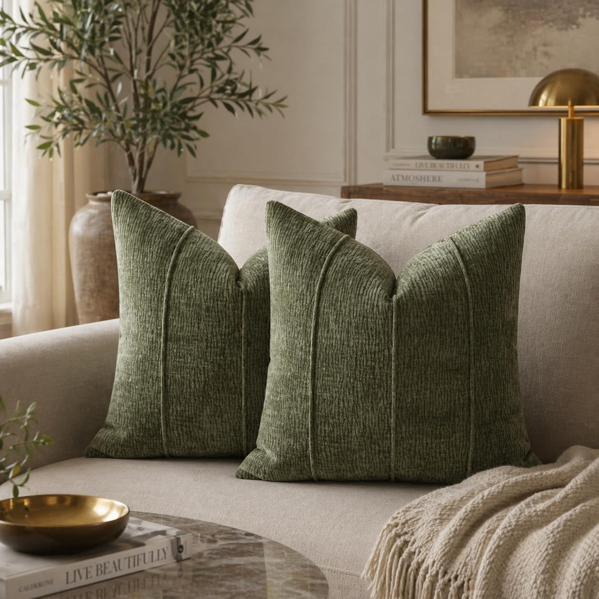 Fennco Styles Beige Chenille Lumbar Throw Pillow with Insert 12" X 20" 1-Pack