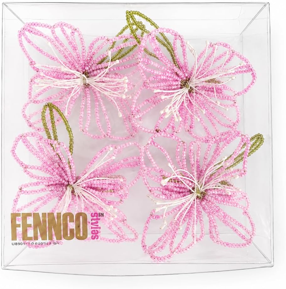Fennco Styles Pink Beaded Flower Napkin Rings Set of 4, Handmade Floral Napkin Holders