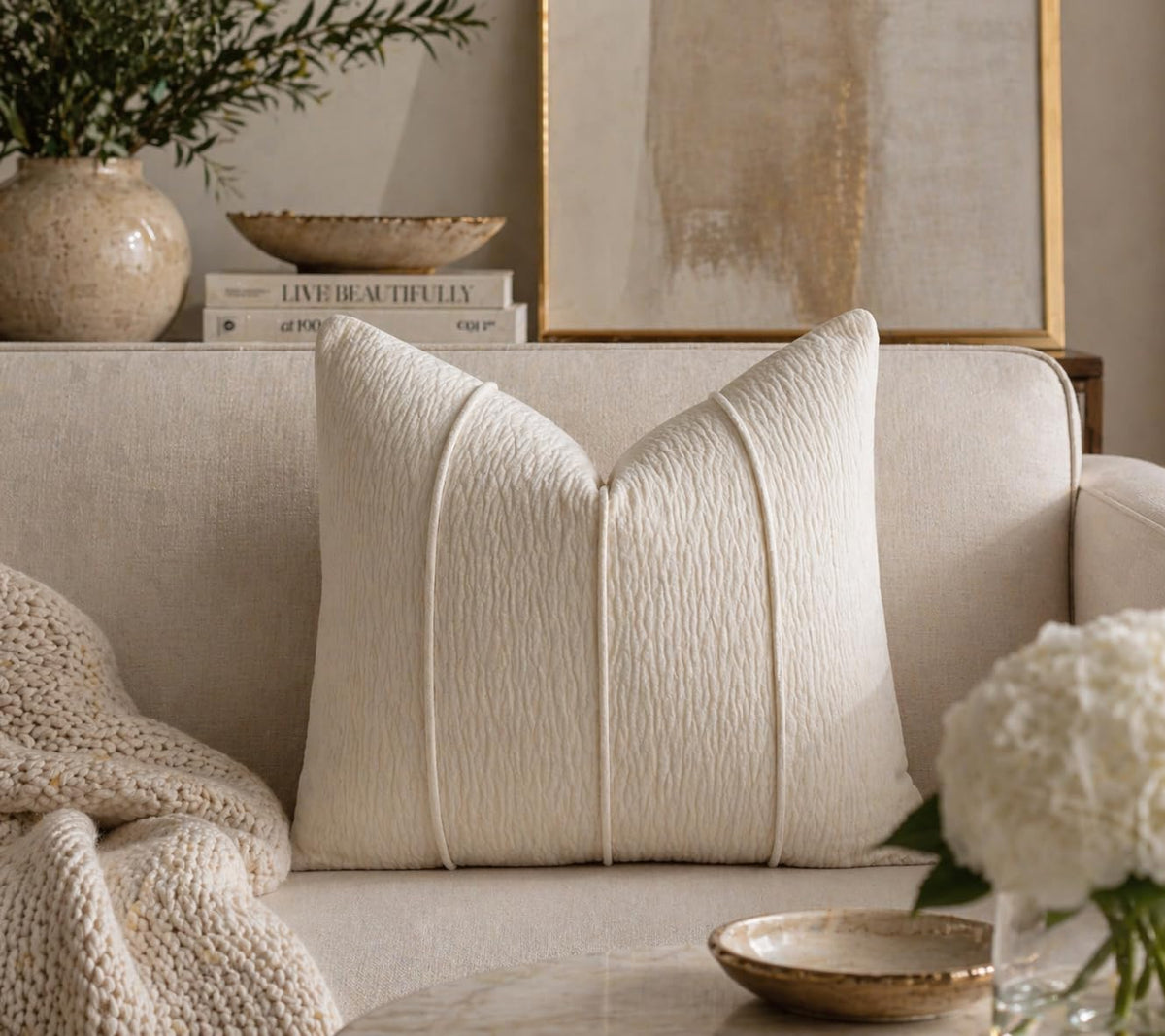Fennco Styles Beige Chenille Lumbar Throw Pillow with Insert 12" X 20" 1-Pack