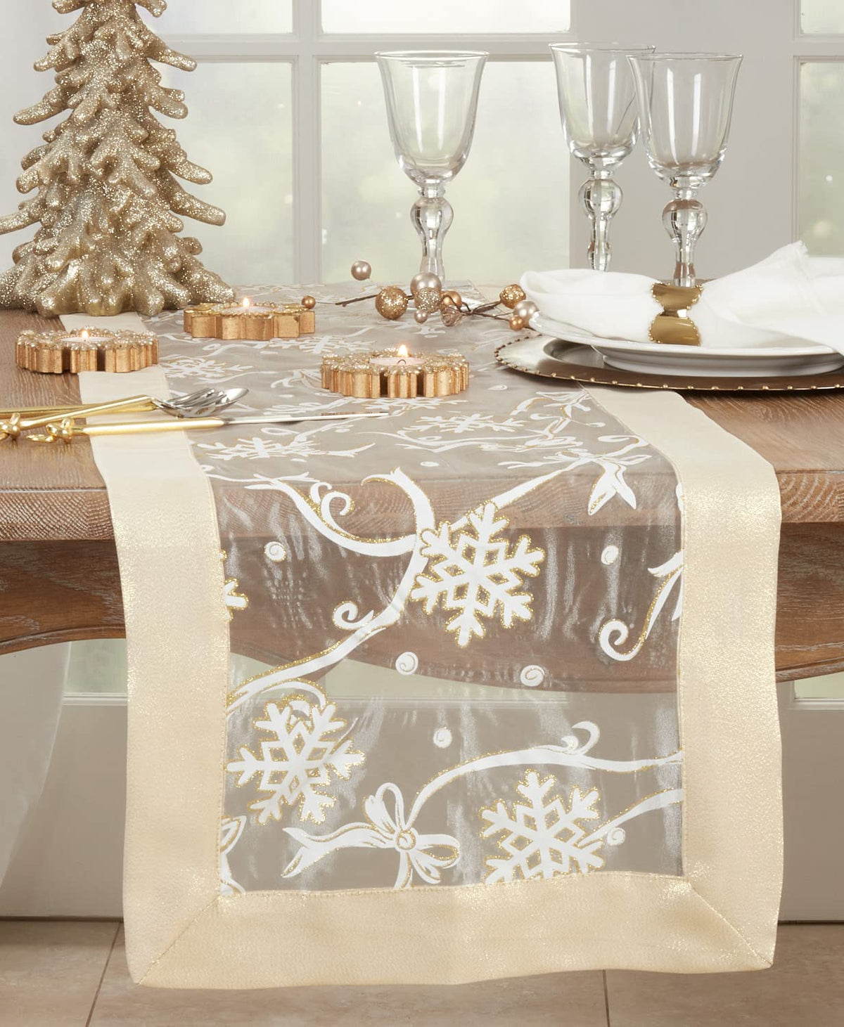 Fennco Styles Printed Snowflake & Ribbon Semi-Sheer Tablecloth - Gold Festive Table Cover for Home Décor, Banquets, Christmas, Holiday and Special Events