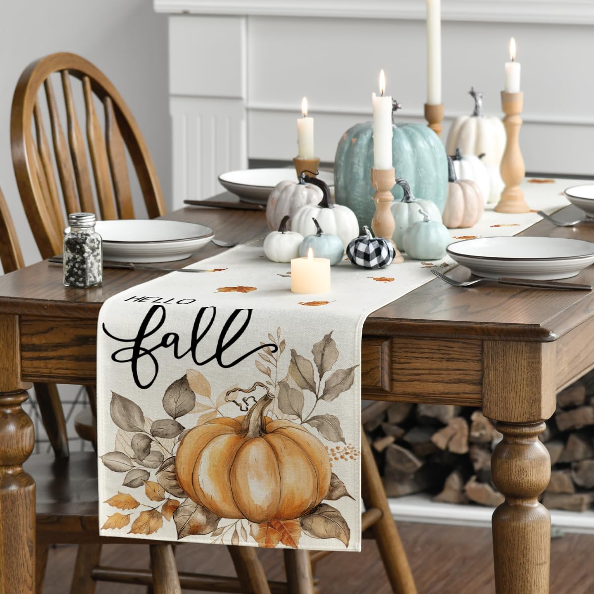 Artoid Mode Pumpkins Eucalyptus Table Runner 13x36 Inch Beige