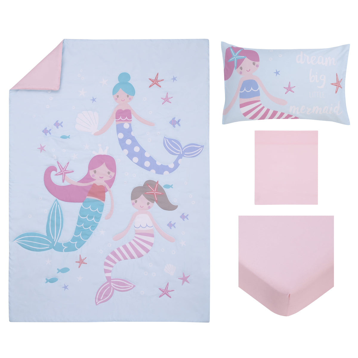 Everything Kids Mermaid Pink and Blue Dream Big Little Mermaid 4 Piece Toddler Bed Set up