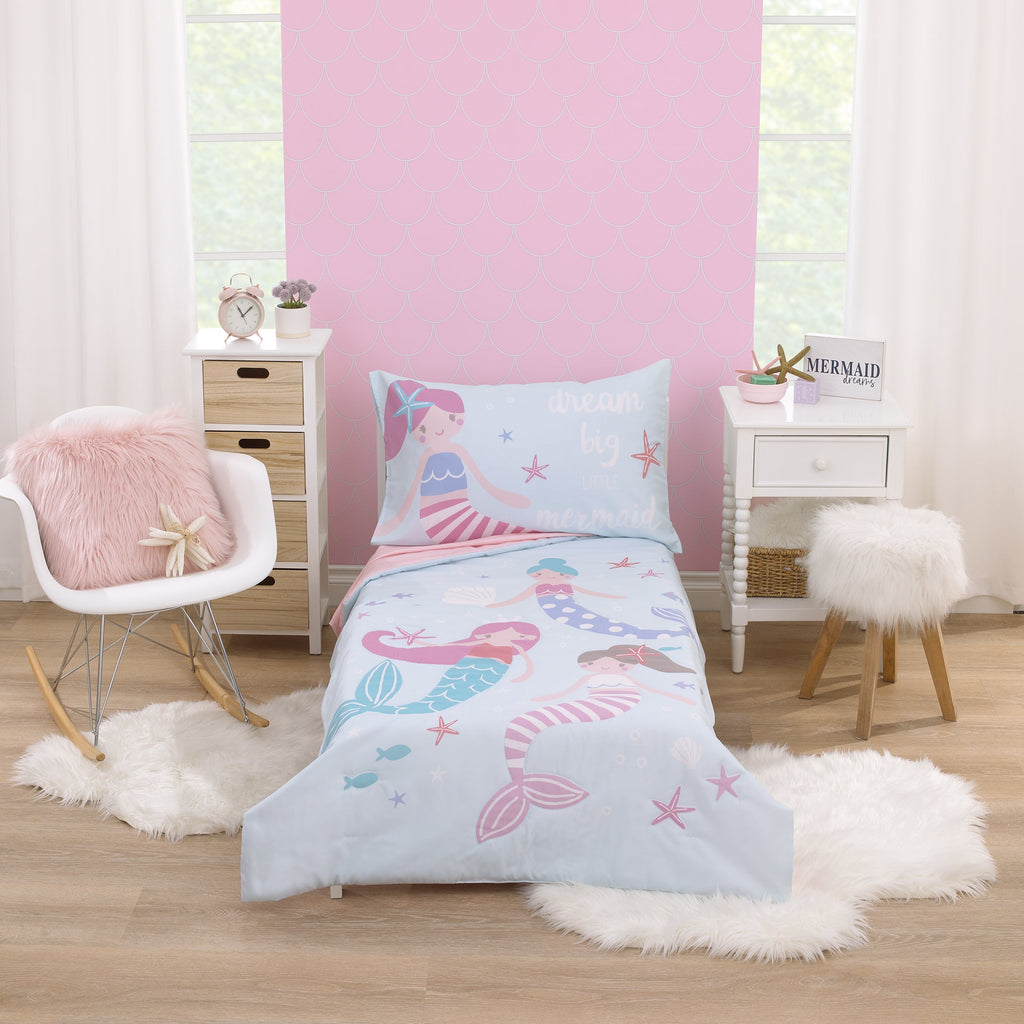 Everything Kids Mermaid Pink and Blue Dream Big Little Mermaid 4 Piece Toddler Bed Set up