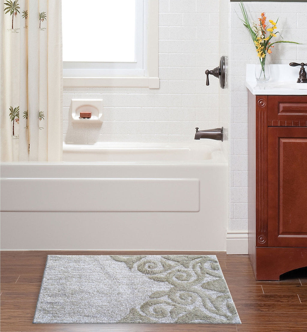 Vibhsa Damask Pattern Bath Rug | 20"x32" Beige & Ivory 100% Cotton