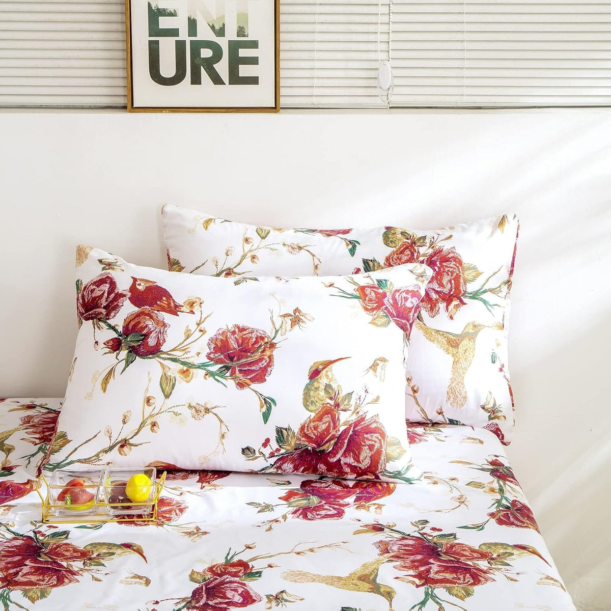 Tache Floral Hummingbirds Burgundy White Vintage Rose Garden Pillowcase (SD-7676)