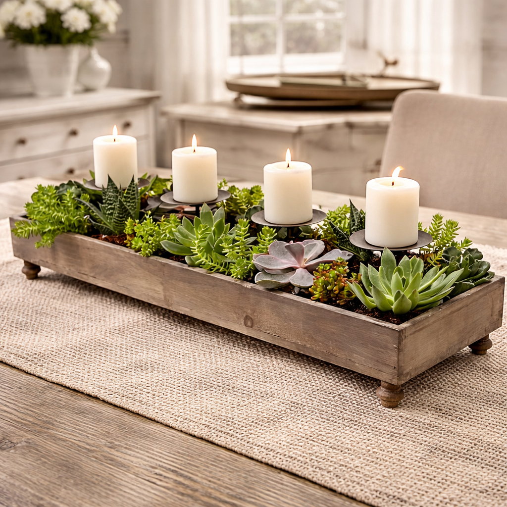 Rustic Recycled Pine Four Candle Holder Centerpiece