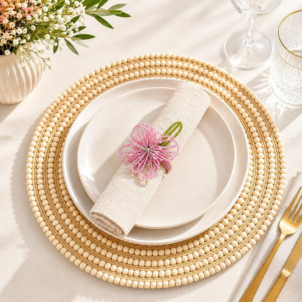 Fennco Styles Pink Beaded Flower Napkin Rings Set of 4, Handmade Floral Napkin Holders