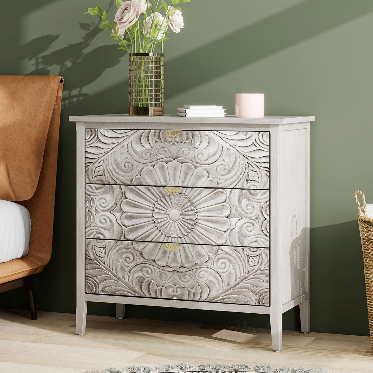3 Drawer Cabinet, American Furniture, Suitable For Bedroom, Living Room - Light Gray