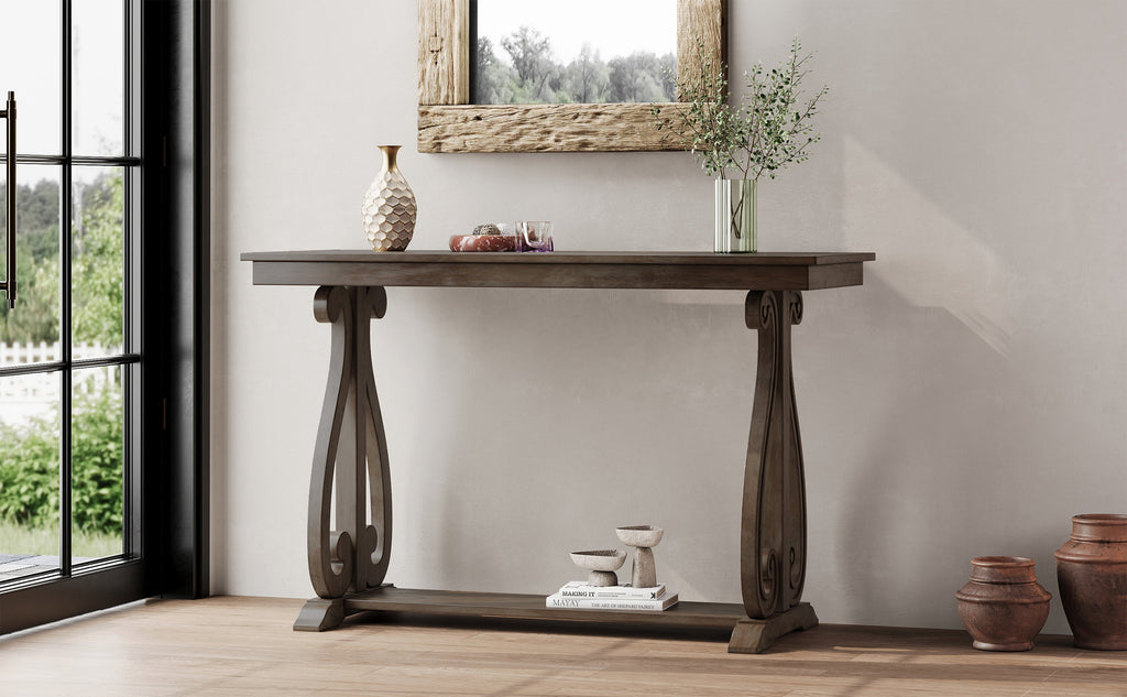 48-Inch Rustic Vintage Farmhouse Style Entryway Table with Open Shelf (Walnut)