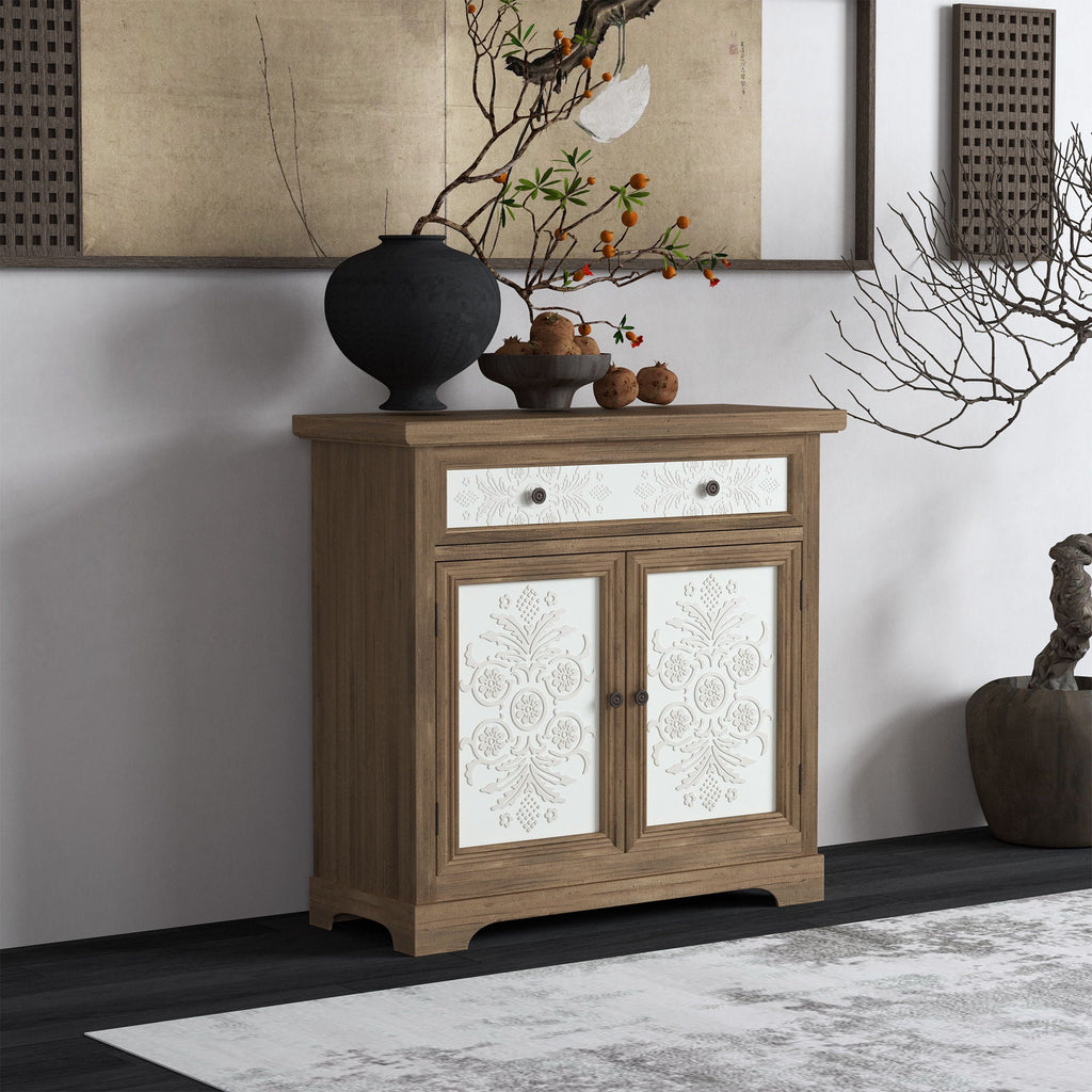 Accent Cabinet With Carved Floral Panels, Sideboard With Drawer And Double Doors - Antique Brown / White