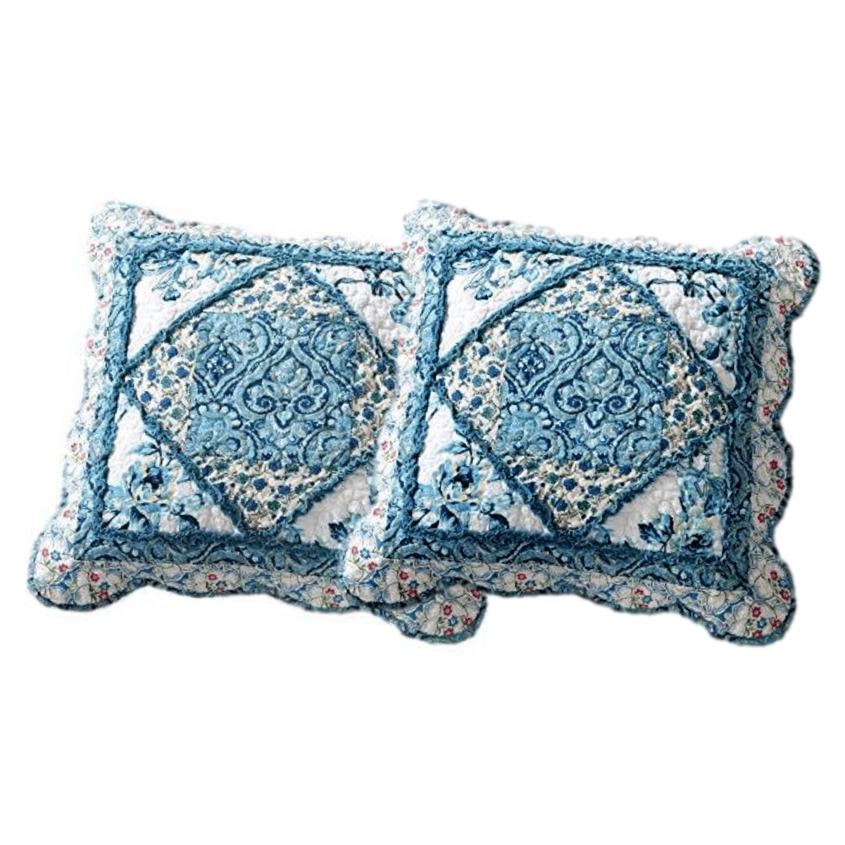 Tache Cotton Patchwork White Blue Floral Scalloped Petal Dance Cushion Covers