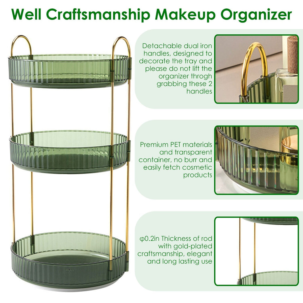 3 Tier Rotating Makeup Organizer – 360° Spinning Cosmetic Storage Tray