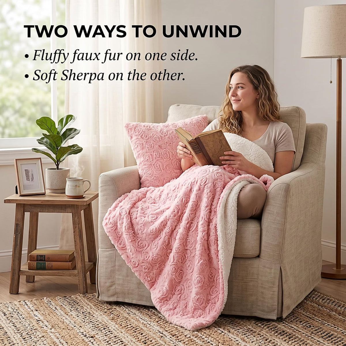DaDa Bedding Luxury Blossom Pink Rose Buds Pink Sherpa Backside Faux Fur Throw Blanket