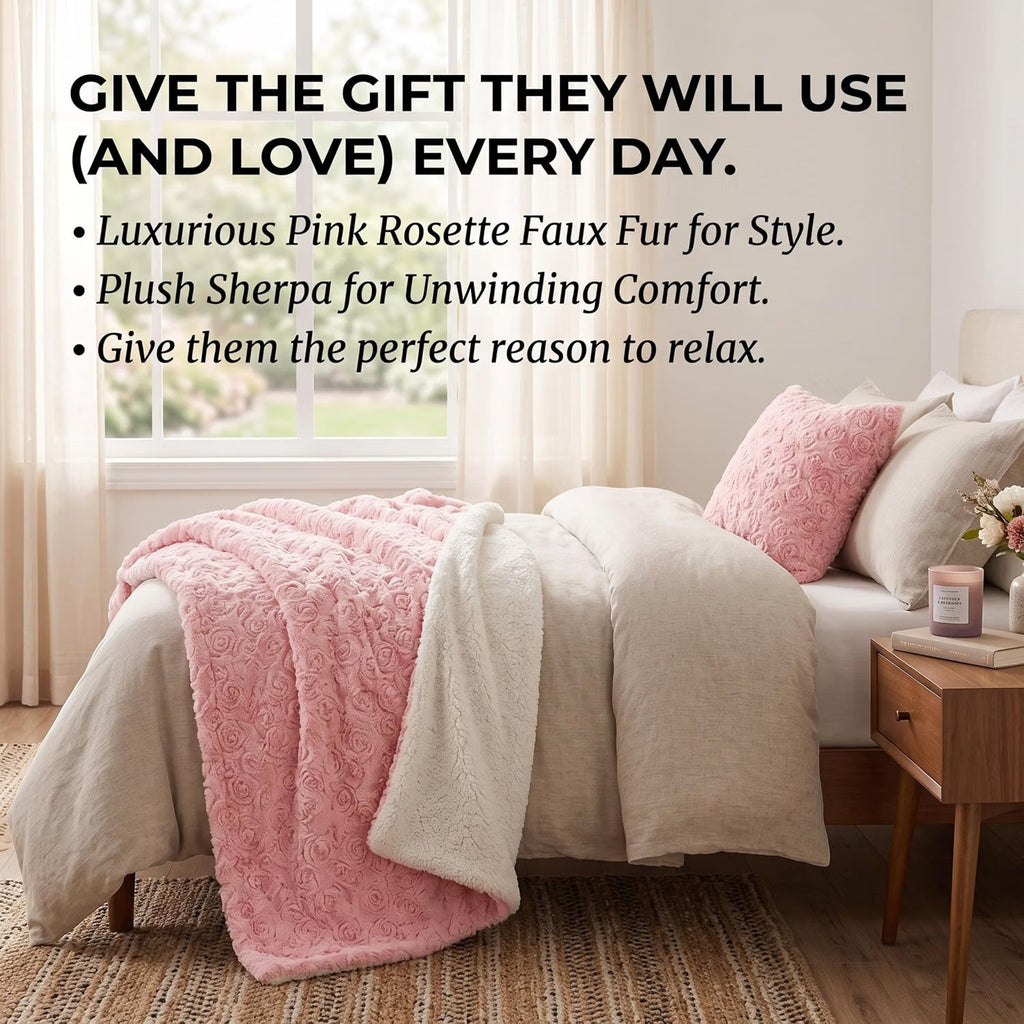 DaDa Bedding Luxury Blossom Pink Rose Buds Pink Sherpa Backside Faux Fur Throw Blanket