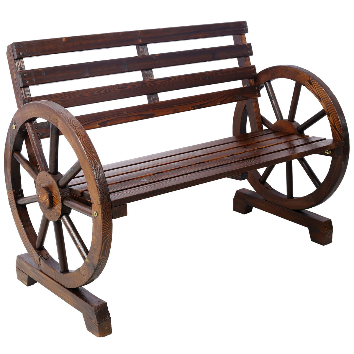 Rustic Country 2 Person Wooden Wagon Wheel Bench With Slatted Seat And Backrest - Brown