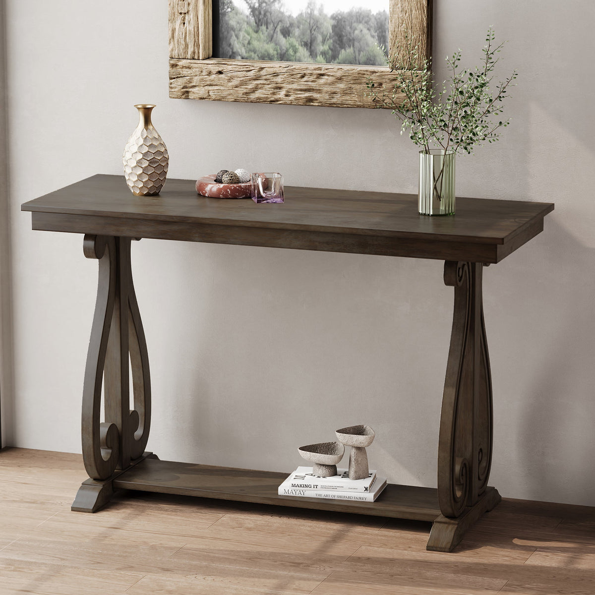 48-Inch Rustic Vintage Farmhouse Style Entryway Table with Open Shelf (Walnut)