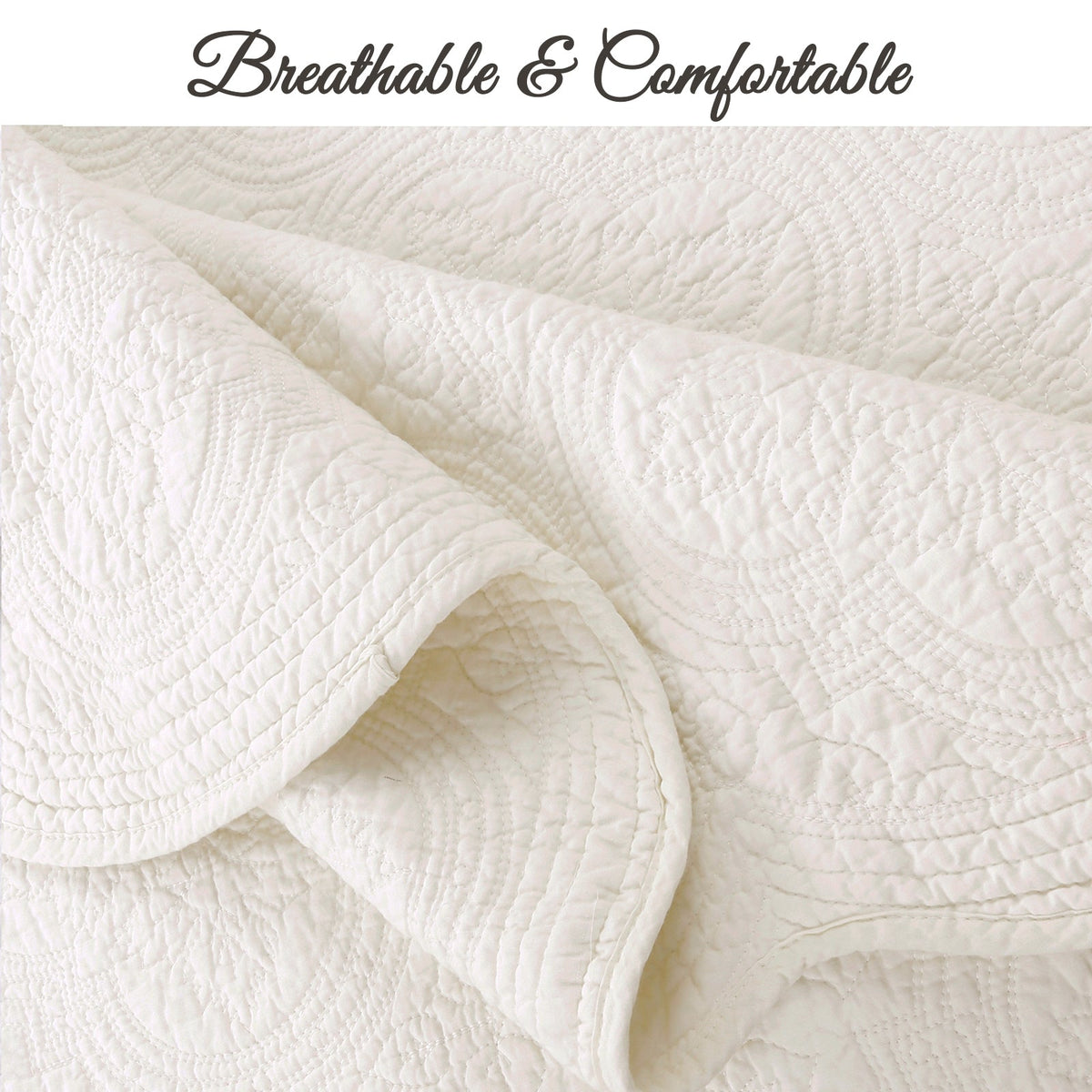Serenity Ivory Victorian Scalloped Medallion Floral Reversible Quilt  Bedding Set