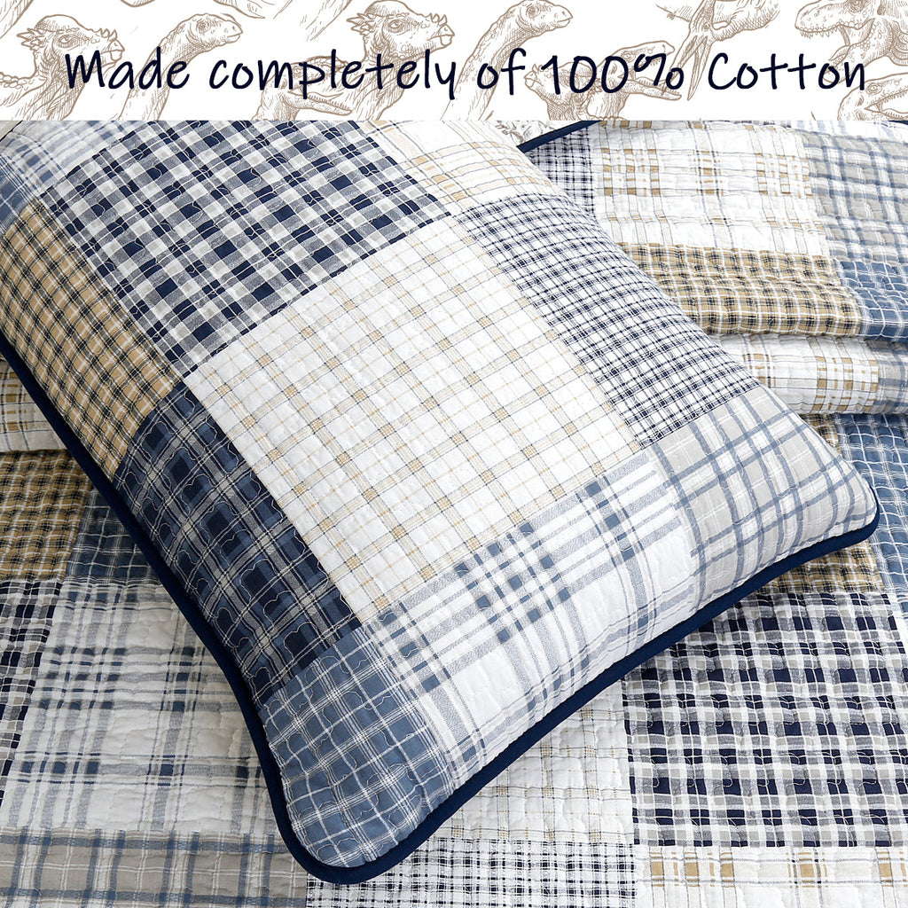 Benjamin Dinosaur Blue Brown Plaid Print Patchwork Cotton Reversible Quilt Bedding Set