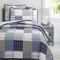 Benjamin Dinosaur Blue Brown Plaid Print Patchwork Cotton Reversible Quilt Bedding Set