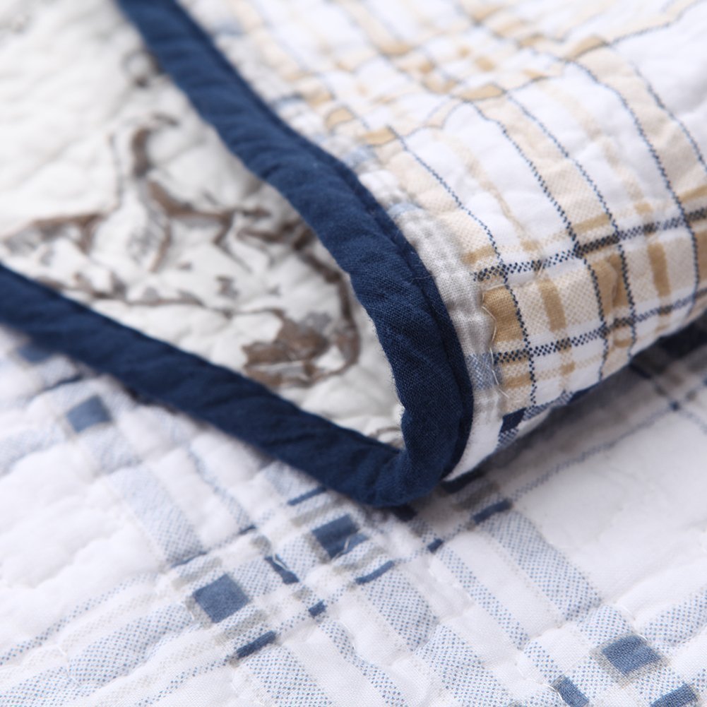 Benjamin Dinosaur Blue Brown Plaid Print Patchwork Cotton Reversible Quilt Bedding Set