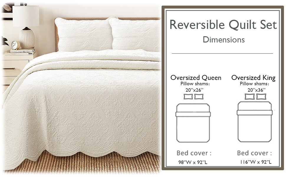Serenity Ivory Victorian Scalloped Medallion Floral Reversible Quilt  Bedding Set