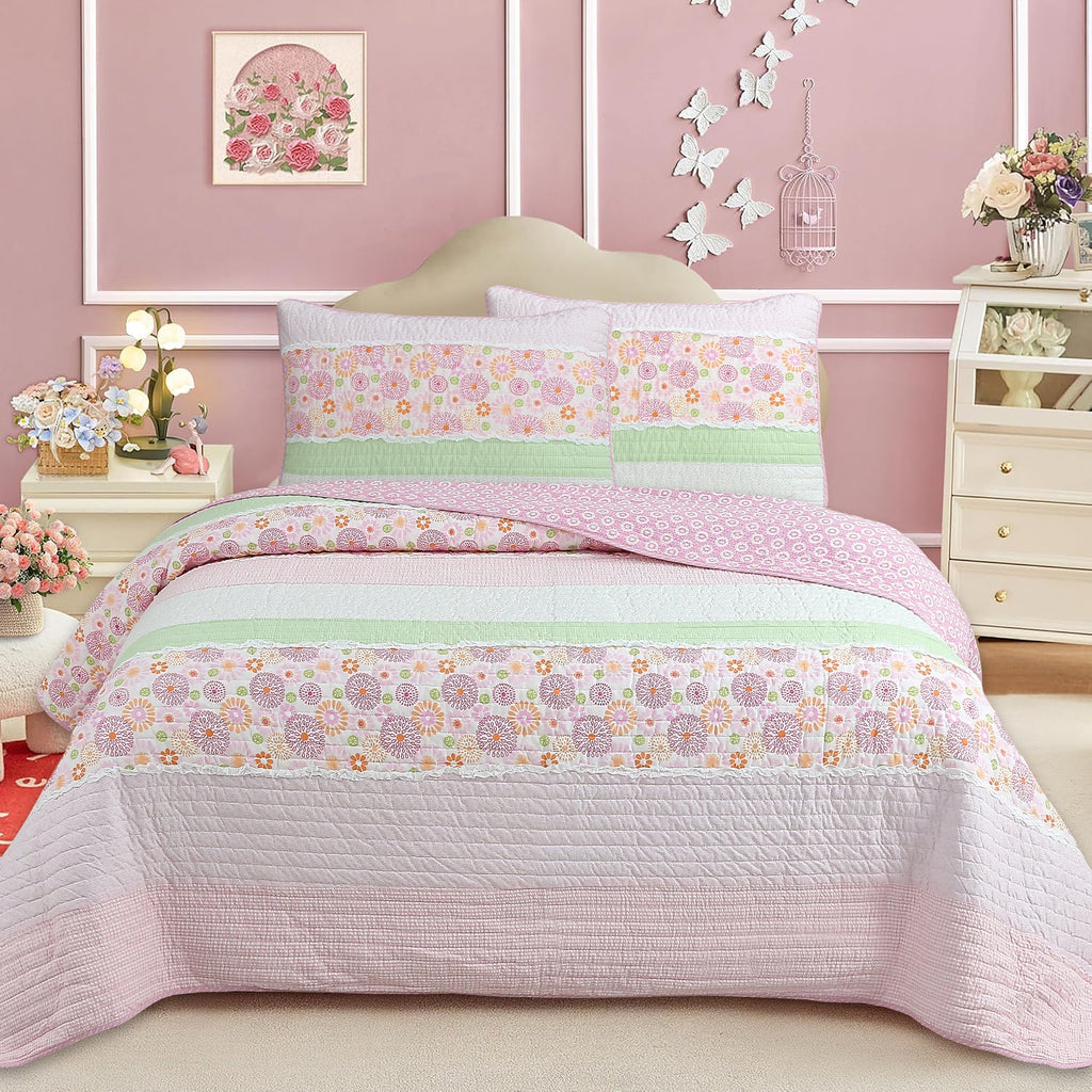 Pink Floral Fun Whimsy Gingham Stripe Cotton Quilt Bedding Set