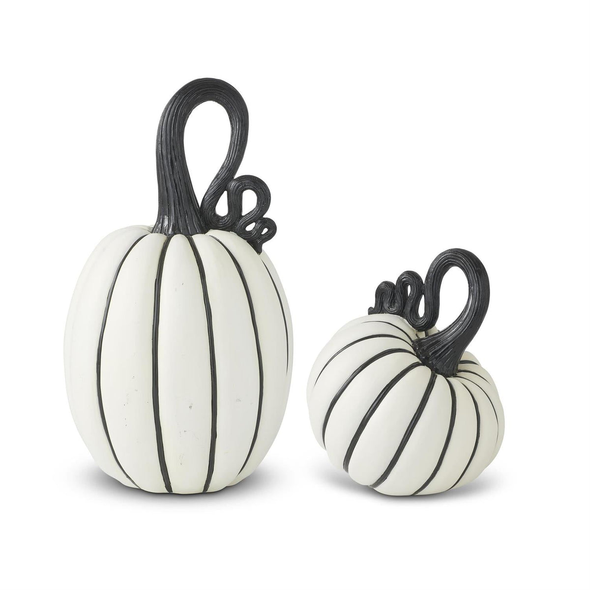 Set of 2 White & Black Striped Resin Pumpkins with Curl