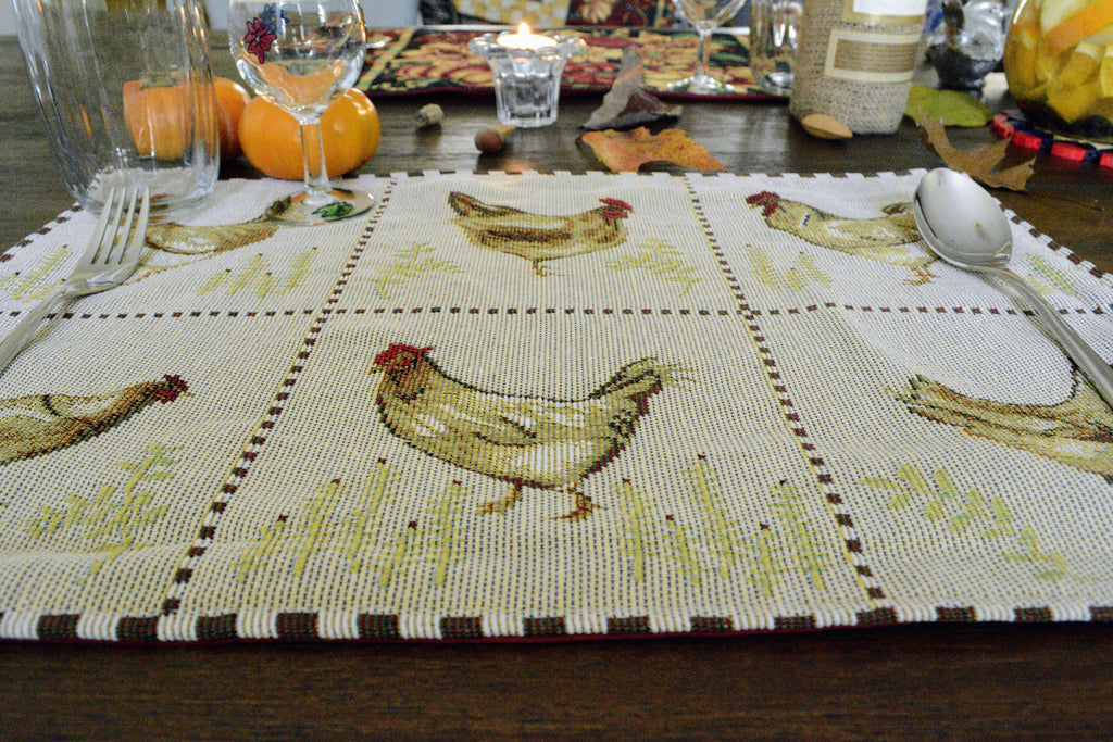 Country Farmhouse Rooster Hens Woven Tapestry 4 or 6 pc. Placemat Set