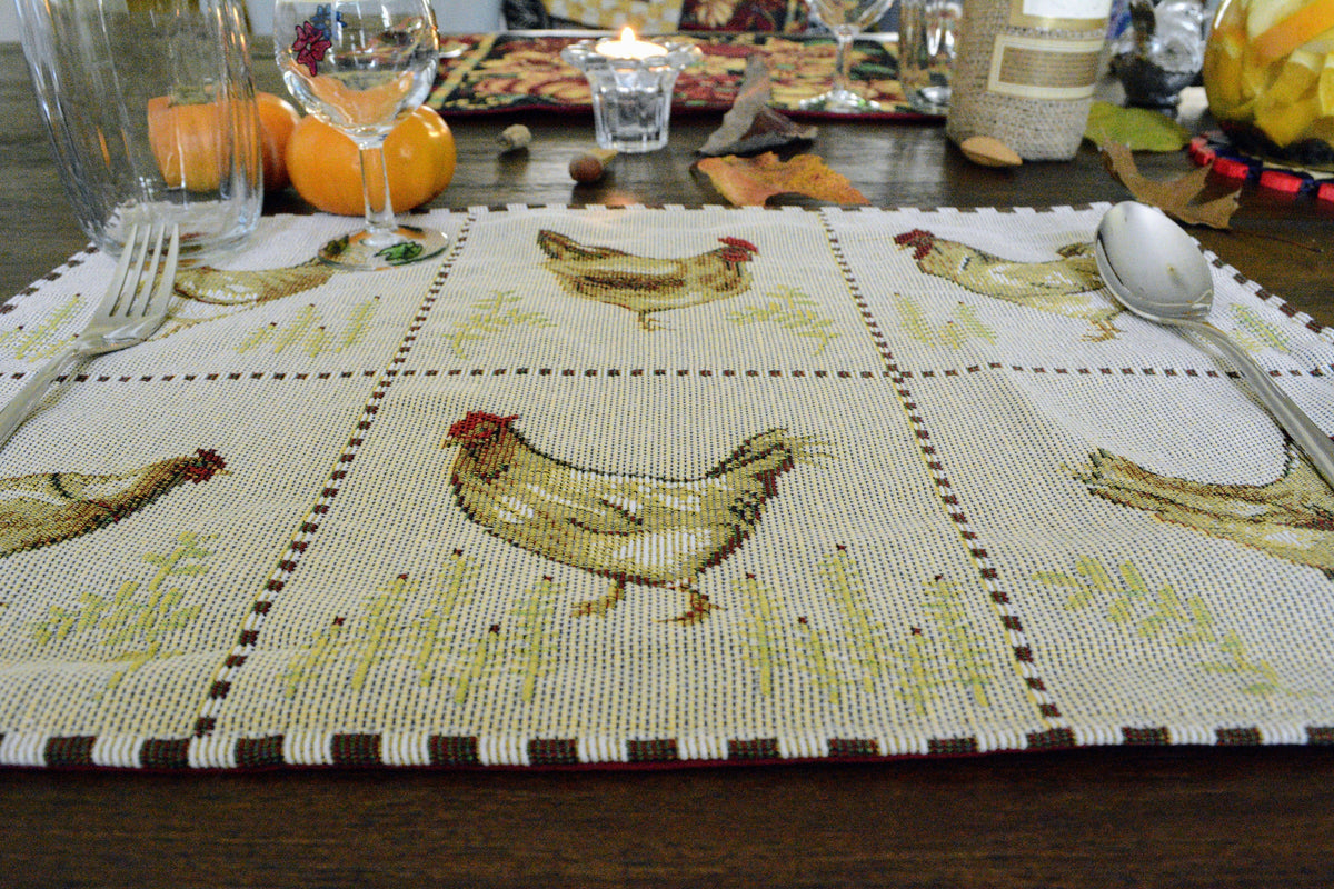 Country Farmhouse Rooster Hens Woven Tapestry 4 or 6 pc. Placemat Set