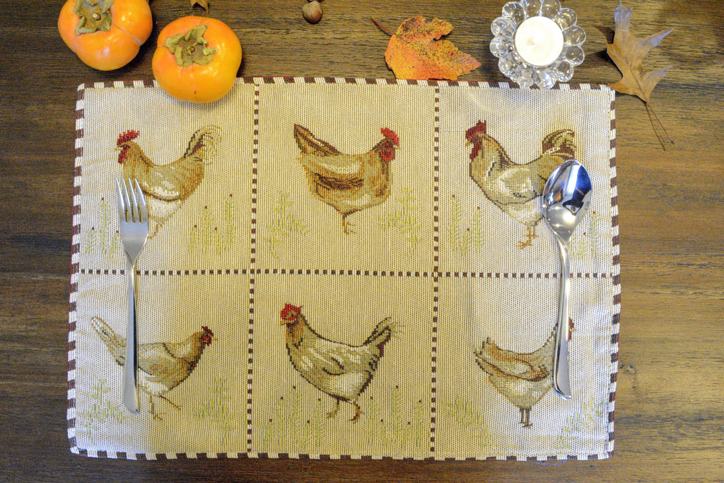 Country Farmhouse Rooster Hens Woven Tapestry 4 or 6 pc. Placemat Set