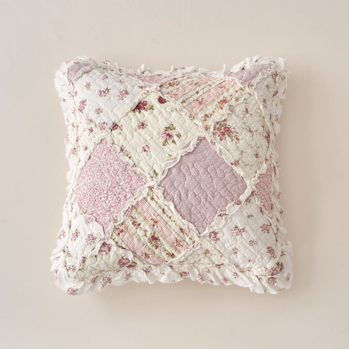 DaDalogy Blush Cottage Rose Pillow Covers – Set of 2, 18x18 Quilted Patchwork Floral Shabby Chic