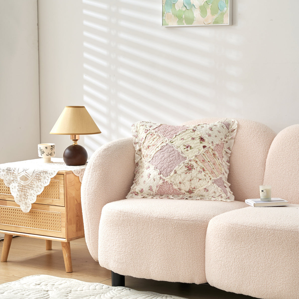 DaDalogy Blush Cottage Rose Pillow Covers – Set of 2, 18x18 Quilted Patchwork Floral Shabby Chic