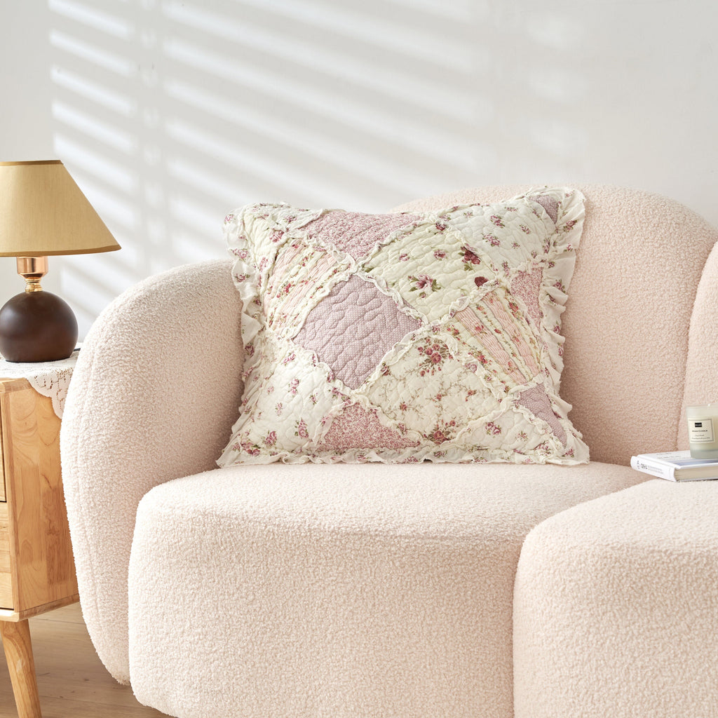 DaDalogy Blush Cottage Rose Pillow Covers – Set of 2, 18x18 Quilted Patchwork Floral Shabby Chic