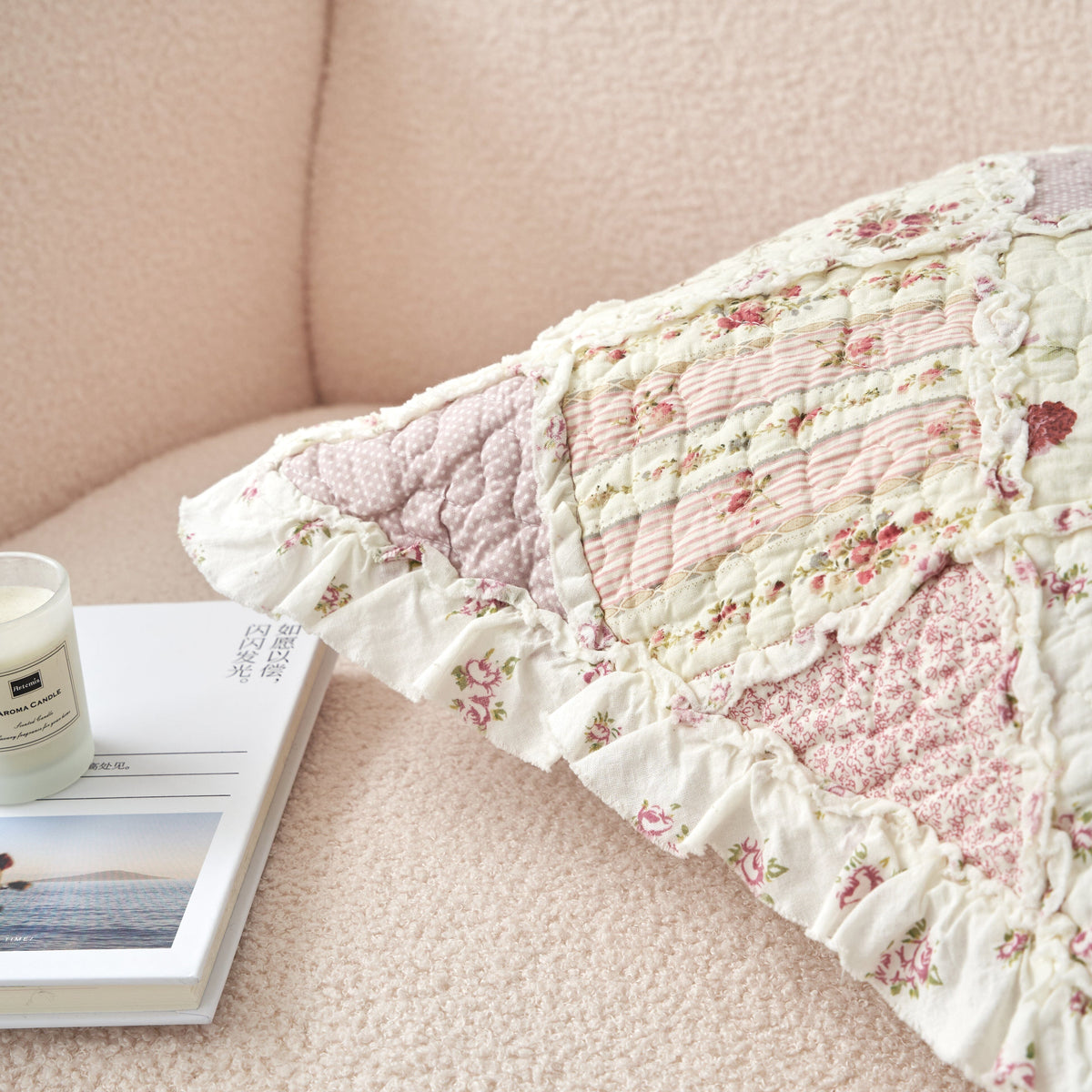 DaDalogy Blush Cottage Rose Pillow Covers – Set of 2, 18x18 Quilted Patchwork Floral Shabby Chic