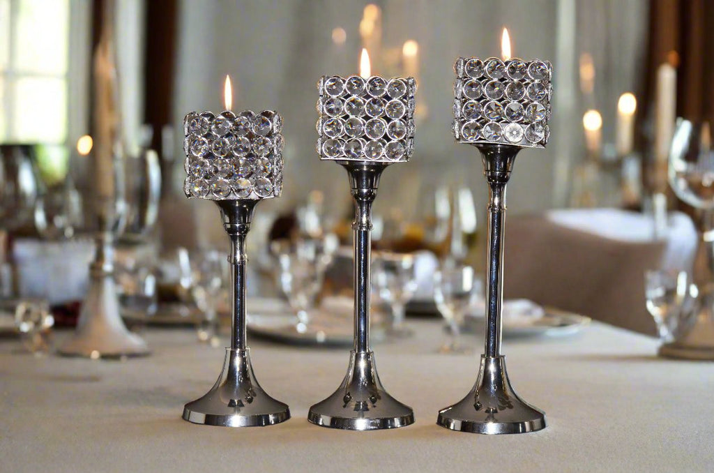 Vibhsa Crystal Hurricane Candle Holders | Set of 3, 10"/11"/12", Silver Nickel Finish