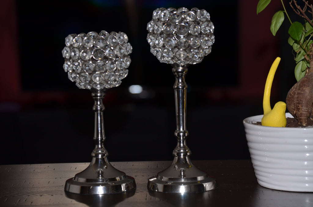 Vibhsa Round Crystal Hurricane Candle Holders | Set of 2, 8" & 10", Silver Nickel Finish