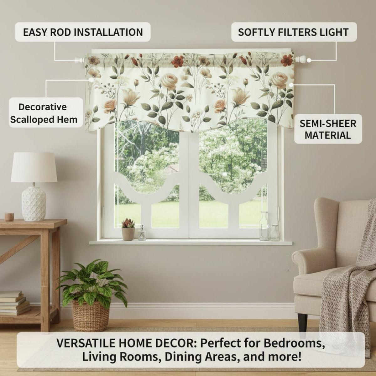 DaDa Bedding Collection Enchanted Meadow Semi-Sheer Valance - Floral Elegance in Beige, Rose, and Soft Green, Light Filtering See Through Microfiber, Rod Pocket Design, 18x52 Inches