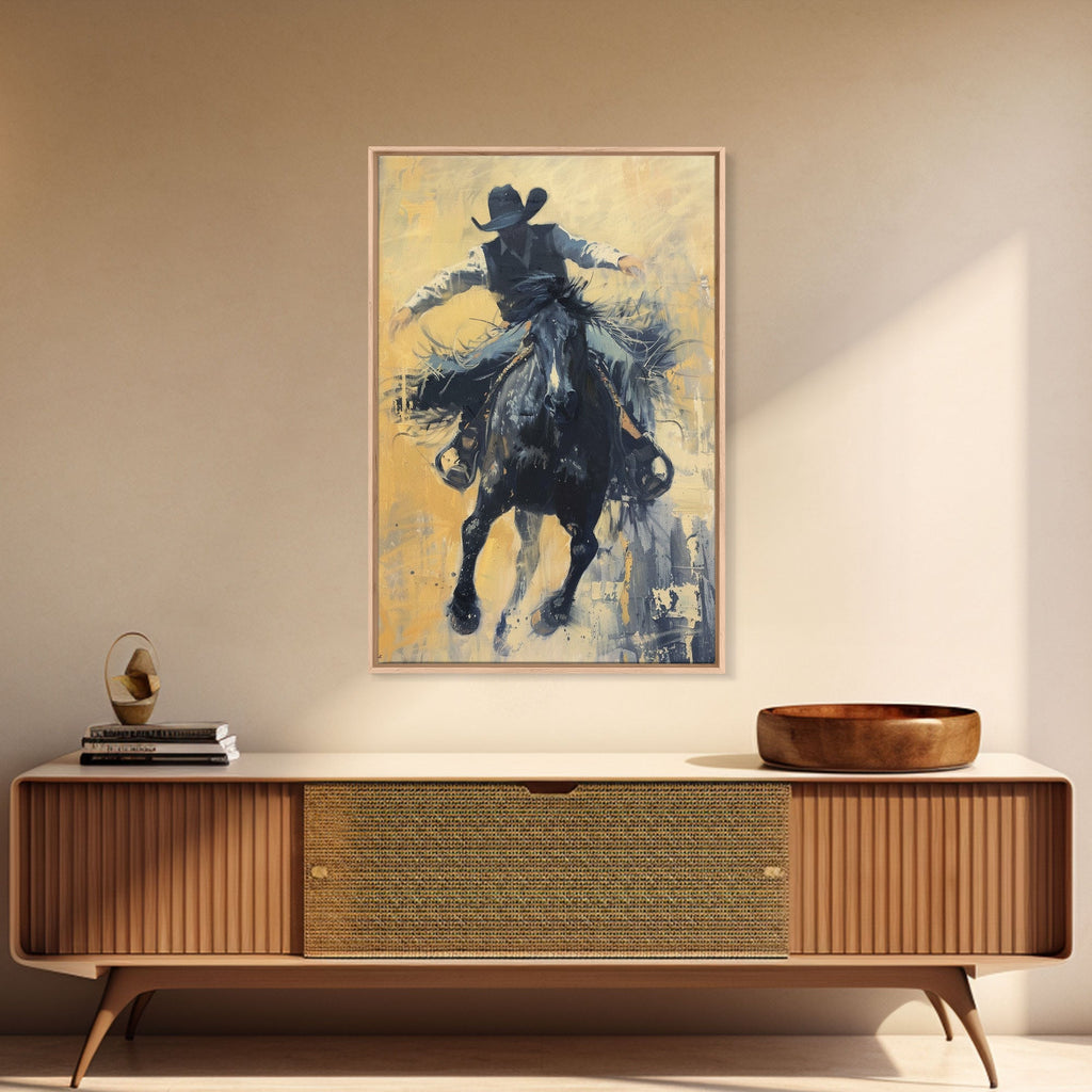 Bold Cowboy in Action Framed Canvas Print - Captivating Western Decor Search size and frame options before ordering.