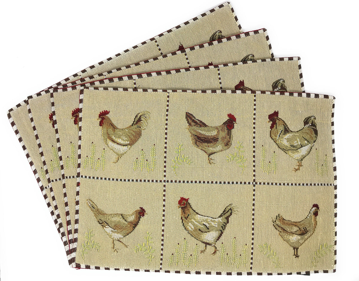 Country Farmhouse Rooster Hens Woven Tapestry 4 or 6 pc. Placemat Set