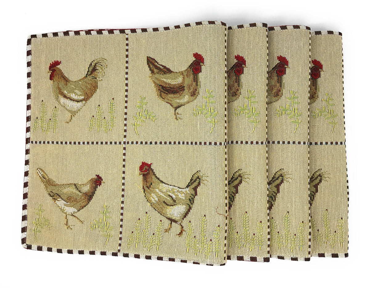 Country Farmhouse Rooster Hens Woven Tapestry 4 or 6 pc. Placemat Set
