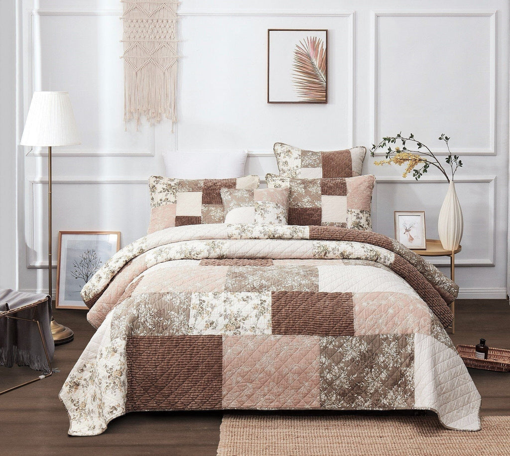 DaDa Bedding Dusty Rose Taupe Beige Brown Floral Cottage Patchwork Quilted Bedspread Set