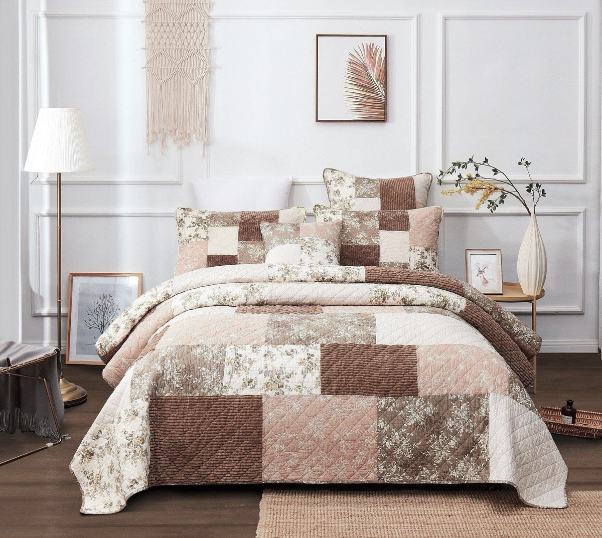 DaDa Bedding Dusty Rose Taupe Beige Brown Floral Cottage Patchwork Quilted Bedspread Set